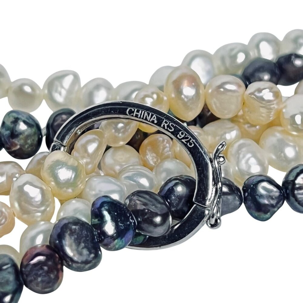 Set Of 3 Freshwater Pearl Necklaces White Cream & Black W/Sterling Clamp (5881) - Picture 7 of 7